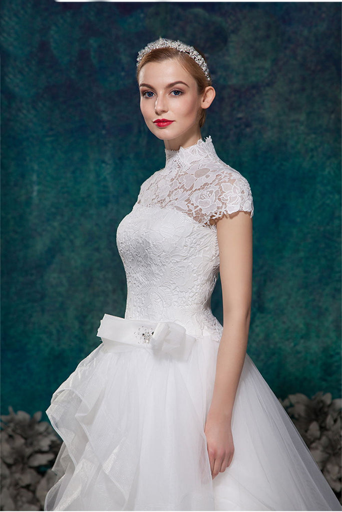 High Neck Short Sleeves Lace Puffy Wedding Dresses W17