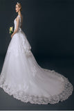 V-neck White Lace Ball Gown Wedding Dresses With Beaded Belt W18