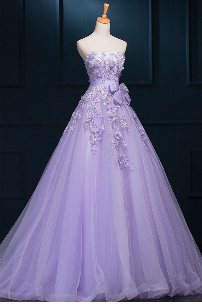 Strapless Long Purple Lace Big Wedding Dress With Bow W4