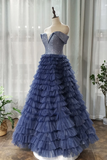 A-line Off-the-shoulder Royal Blue Long Prom Dress Tulle Evening Dress OKS94