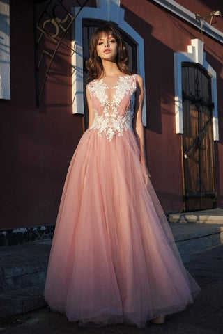 A-line Bateau Pink Tulle Long Prom Dress Applique Formal Gown OKR53