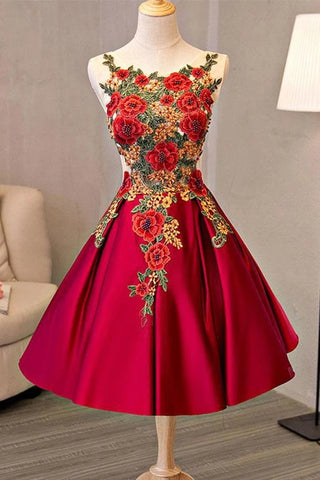 Pretty Short Satin A-line Lace Up Homecoming Dress With Embroidered Appliques K092