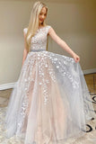 Chic Pretty Long A-line Scoop Neckline Backless Princess Prom Dress With Lace Appliques K918