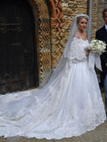 Off the Shoulder Long Sleeves Wedding Dress With Cathedral Train OKP83