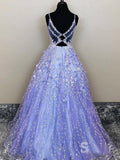 A Line Spaghetti Straps Lavender 3d Lace Floral Long Prom Dress Formal Gowns OK1180