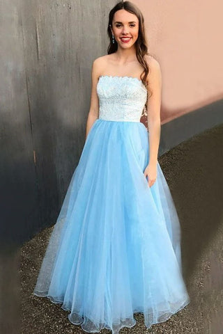 Elegant Light Blue A-line Tulle Strapless Long Prom Dress Sweet 16 Dress OK2011