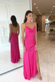 Hot Pink Silk Satin Prom Dress With Slit Criss Cross Long Evening Dress OK1398