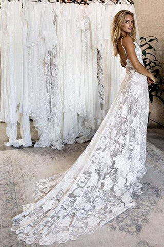 New Arrival Lace Backless V-Neck Ivory Spaghetti Straps Beach Wedding Dresses OKC71