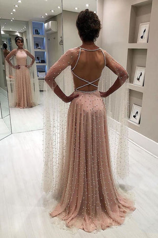 Blush Pink A Line Backless Long Prom Dress with Pearls OKN79