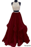 Two Piece Floor Length Burgundy Prom Dresses Beaded Open Back Evening Gown OK603