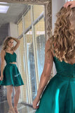 Short Dark Green Two Pieces Homecoming Dresses with Lace Graduation Dresses OK1460