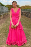 Hot Pink A Line V Neck Prom Gowns Chiffon Long Two Layers Evening Dress OK1372