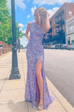 Stunning One Shoulder Lavender Sequins Long Prom Dress With Slit OK1326