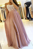 Spaghetti Strap Dusty Pink Appliques Prom Dress with Slit Lace Bodice OKU2