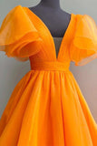 Orange Plunge V Ruffled Sleeves A-Line Long Formal Evening Dress Prom Gown OK1756