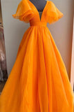 Orange Plunge V Ruffled Sleeves A-Line Long Formal Evening Dress Prom Gown OK1756