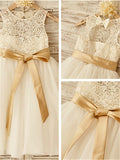 A-line Scoop Sleeveless Bowknot Floor-Length Tulle Flower Girl Dress With Lace OK712