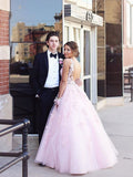 Elegant Pink Ball Gown Prom Dress With Lace Appliques OKO90