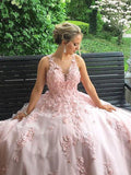 Elegant Pink Ball Gown Prom Dress With Lace Appliques OKO90