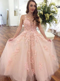 Elegant Pink Ball Gown Prom Dress With Lace Appliques OKO90