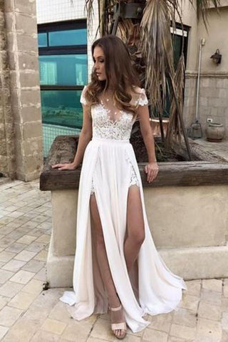 Simple Chiffon Cap Sleeves Long Split Beach Wedding Dresses OKC79