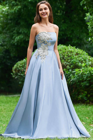 A Line Strapless Sky Blue Satin Long Prom Dress With Appliques OKC34