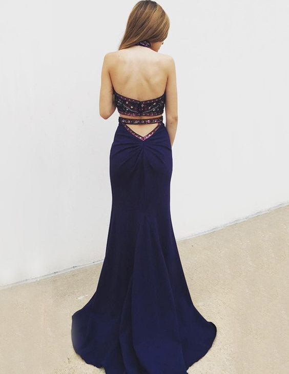 Sexy Two Piece Mermaid Halter Backless Navy Blue Long Prom Dresses with Beading Embroidery OK501