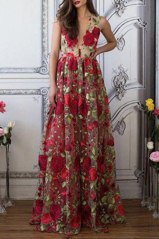 Red Floral Embroidery See Through Long Elegant Formal Prom Dress OKG89