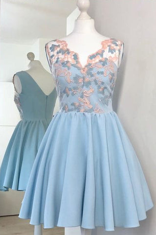 Cute V-Neck A-Line Light Blue Short Homecoming Dress with Appliques OKD44