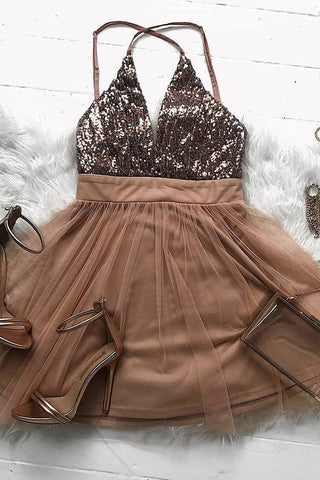 Sparkly Brown Tulle A Line Short Prom Dresses,Homecoming Party Dress OKO74