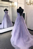 Lavender Applique Tulle Prom Dress Long Evening Dress Formal Gown with Sweep Train OK1121