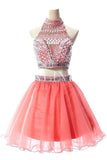 Watermelon Two Pieces Backless Short Prom Homecoming Dresses 556