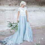 Beautiful lace Top Short Sleeves Prom Dress, A Line Cheap Wedding Dress OKG4
