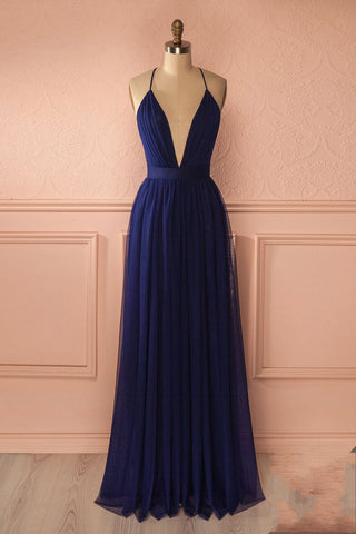 Sexy Navy V Neck Backless Prom Dresses, Simple Long Evening Dress For Woman OK110