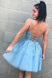 A-line V Neck Lace Appliques Tulle Sky Blue Homecoming Dress Short Prom Dress With Straps OKY62