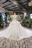 Ball Gown Half Sleeves Lace Bridal Dresses with Sequins, Princess Long Wedding Dress OKN72