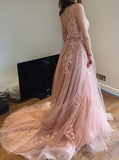 A Line Court Train Backless Pink Tulle Prom Dresses with Lace Appliques OKE41