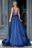 Elegant Deep V-neck Royal Blue Rhinestone A-line Long Cheap Prom Dress OK586