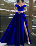 Elegant V Neck Off The Shoulder Long Satin Prom Dress With Slit OKE43