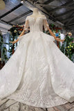 Ball Gown Half Sleeves Lace Bridal Dresses with Sequins, Princess Long Wedding Dress OKN72