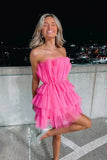 Hot Pink Strapless Tiered Short Homecoming Dresses, Cute A Line Sweet 16 Dress OK1439