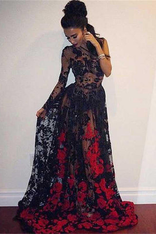 Lace Prom Dresses,A-line Prom Gown,One Shoulder Prom Dress,Long Sleeve Prom Dress,Black Prom Dress