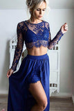 Royal Blue new Two Piece Lace Chiffon Long Sleeves Lace Prom Dresses with Slit OK181