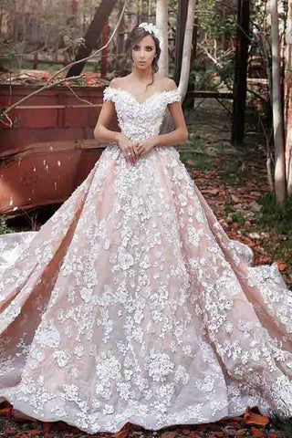 Luxurious Off Shoulder Wedding Gown,Watteau Train Formal Dress,Short Sleeves Organza Wedding Dress with Lace,Dramatic Blush Wedding Dresses,Wedding Dresses