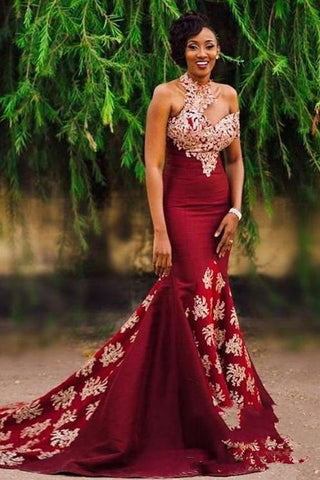 Charming Burgundy Mermaid Long Lace Appliqued Sleeveless Prom Dress OKG47