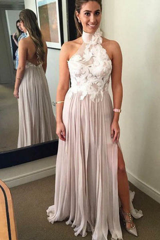 A Line Chiffon High Neck Long Prom Dress With Appliques OKH26