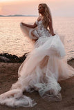 A-line Sweetheart Lace Appliques Bohemian Wedding Dress with Slit OK1978