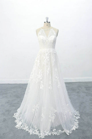A-line Lace Appliques Tulle Boho Wedding Dresses Beach Wedding Dress OKU94