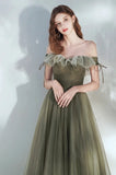 A Line Off the Shoulder Tulle Floor Length Prom Dress Green Elegant Fairy Dress OK1390