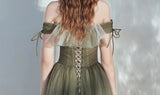 A Line Off the Shoulder Tulle Floor Length Prom Dress Green Elegant Fairy Dress OK1390